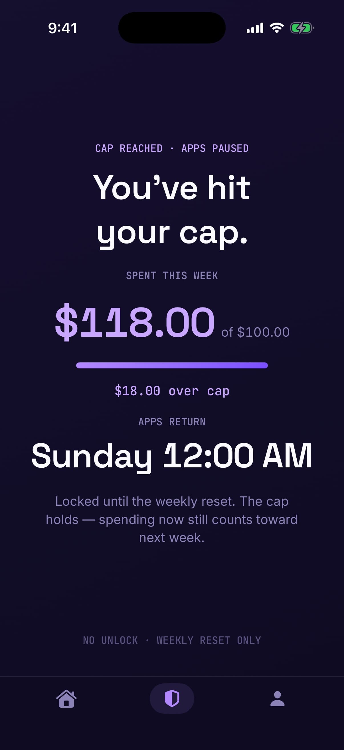 The Slash lock screen: “You've hit your cap.” $118.00 of $100.00 spent, apps return Sunday 12:00 AM.